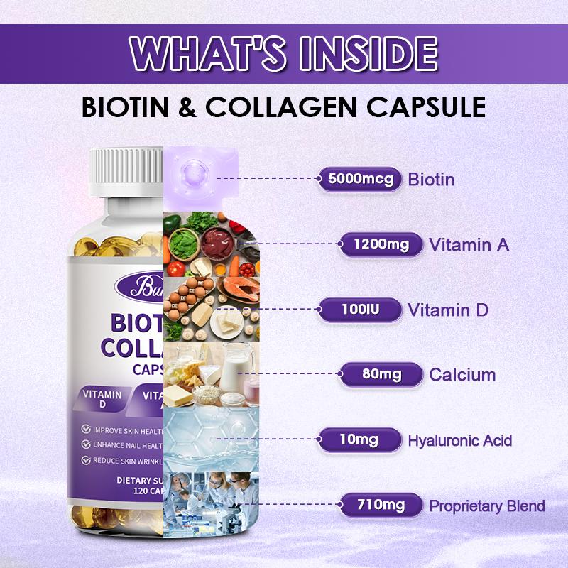 Bunkka Biotin 5,000mcg Capsules Keratin Hyaluronic Acid with Vitamin C、D、B7 Hair Growth Support Skin &amp; Nails Health Supplement