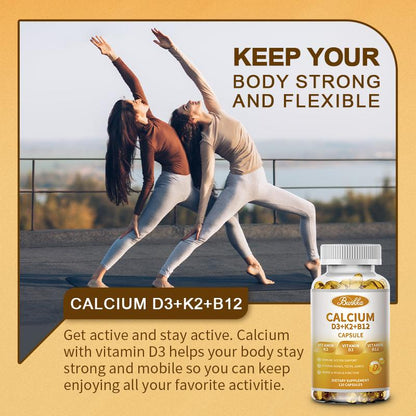 BUNKKA 4-in-1 Calcium Supplements for Women & Men - Calcium 600mg with Vitamin D3 K2 B12 for Strong Bones,Teeth & Joints, Promotes Nerve & Heart Health