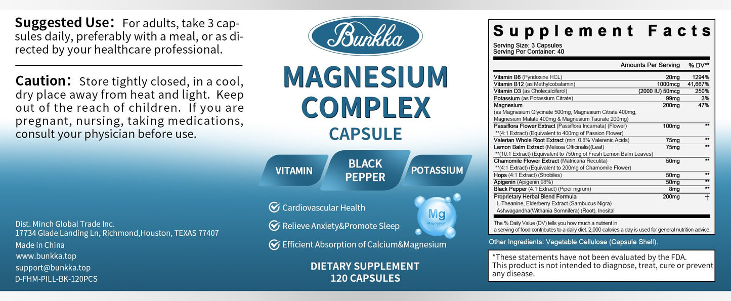 BUNKKA Magnesium Blend Capsules 4in1 Powerful Formula High Potency Absorption Digestion Sleep Muscle&amp;Bone Health Magnesium Glycinate
