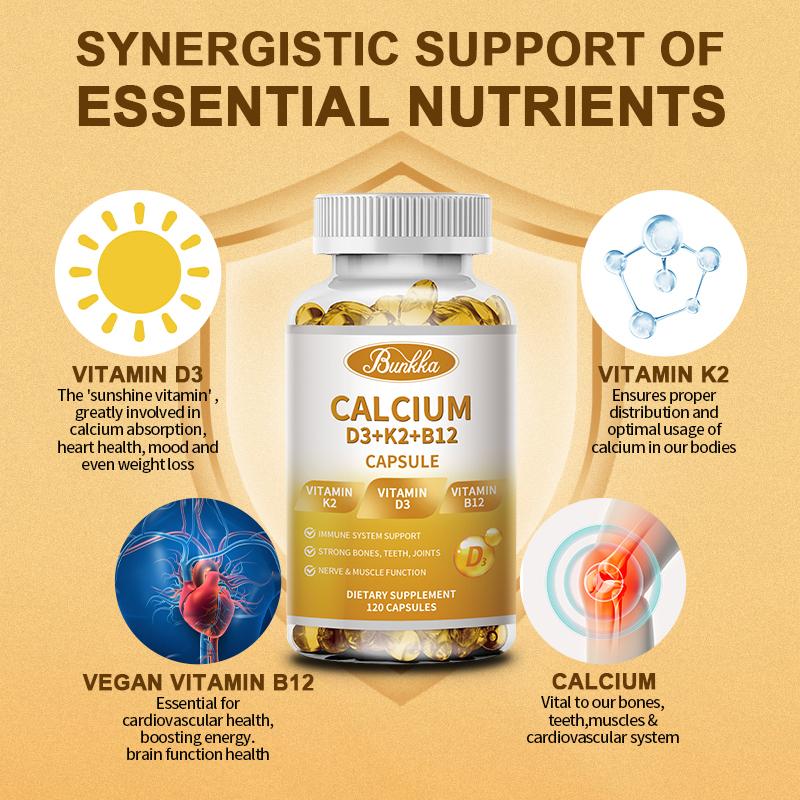 BUNKKA 4-in-1 Calcium Supplements for Women & Men - Calcium 600mg with Vitamin D3 K2 B12 for Strong Bones,Teeth & Joints, Promotes Nerve & Heart Health
