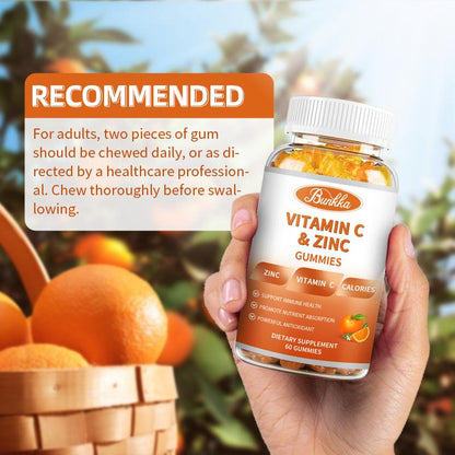 BUNKKA Vitamin C 1000Mg With Zinc Gummies For Cellular Energy Production and Collagen Synthesis Immune Health Promote Metabolism Antioxidant