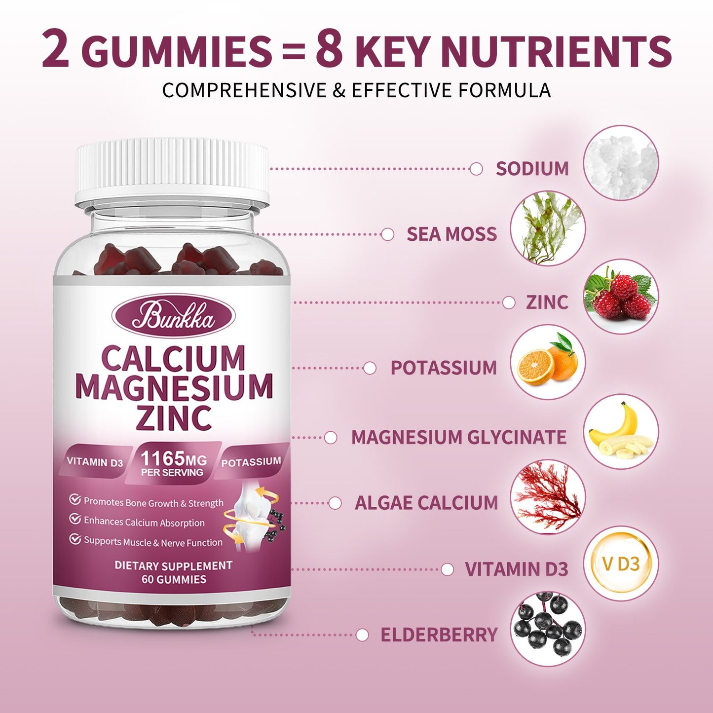 Bunkka Calcium Magnesium Zinc Vitamin D3 Gummies Dietary Supplement