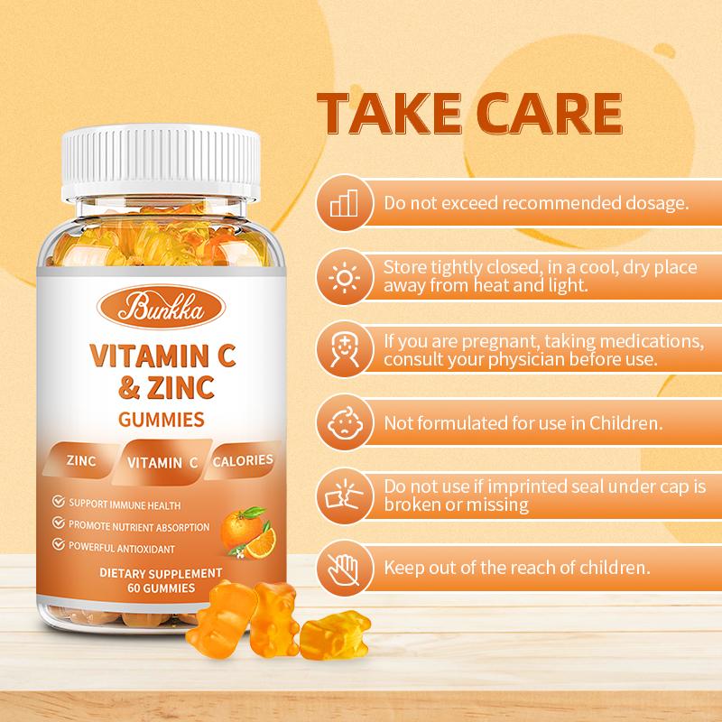 BUNKKA Vitamin C 1000Mg With Zinc Gummies For Cellular Energy Production and Collagen Synthesis Immune Health Promote Metabolism Antioxidant
