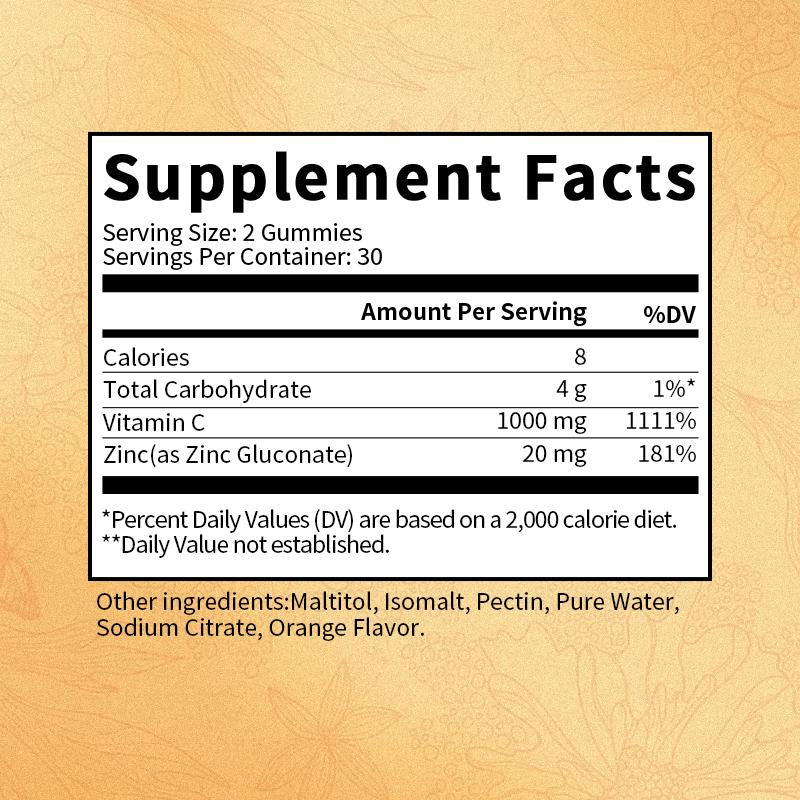 BUNKKA Vitamin C 1000Mg With Zinc Gummies For Cellular Energy Production and Collagen Synthesis Immune Health Promote Metabolism Antioxidant