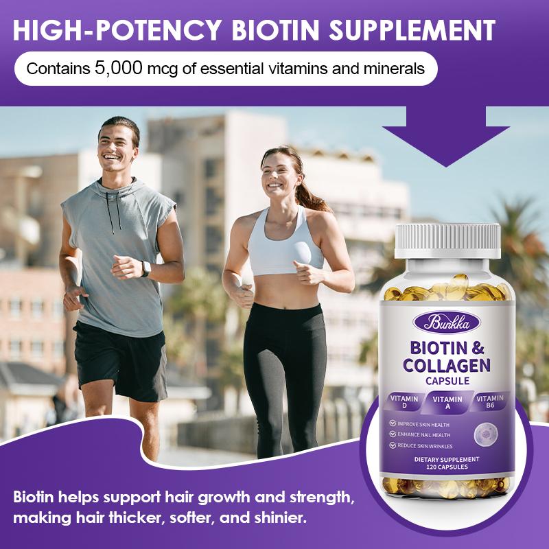 Bunkka Biotin 5,000mcg Capsules Keratin Hyaluronic Acid with Vitamin C、D、B7 Hair Growth Support Skin &amp; Nails Health Supplement