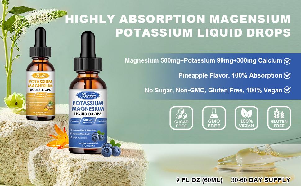 Potassium Magnesium Liquid Drops Supplement  Vitamin D3, Zinc, Sugar Free & Vegan for Leg Cramps