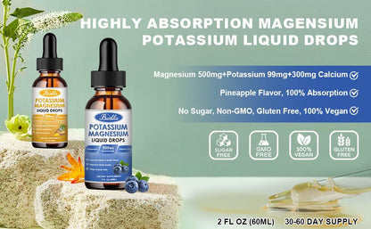 Potassium Magnesium Liquid Drops Supplement  Vitamin D3, Zinc, Sugar Free & Vegan for Leg Cramps