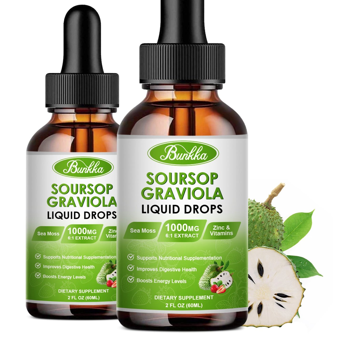 2 Packs Soursop Graviola Leaf Extract Liquid Drops with Sea Moss-Strawberry Flavor