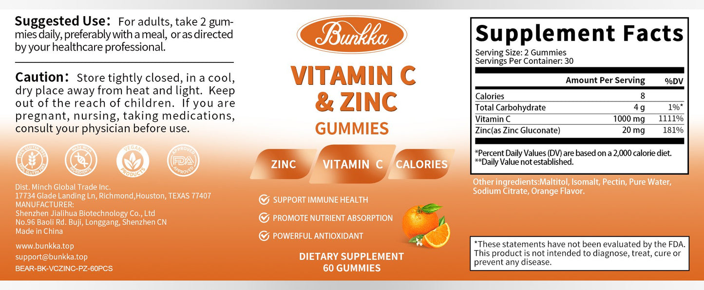 BUNKKA Vitamin C 1000Mg With Zinc Gummies For Cellular Energy Production and Collagen Synthesis Immune Health Promote Metabolism Antioxidant