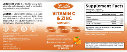 BUNKKA Vitamin C 1000Mg With Zinc Gummies For Cellular Energy Production and Collagen Synthesis Immune Health Promote Metabolism Antioxidant