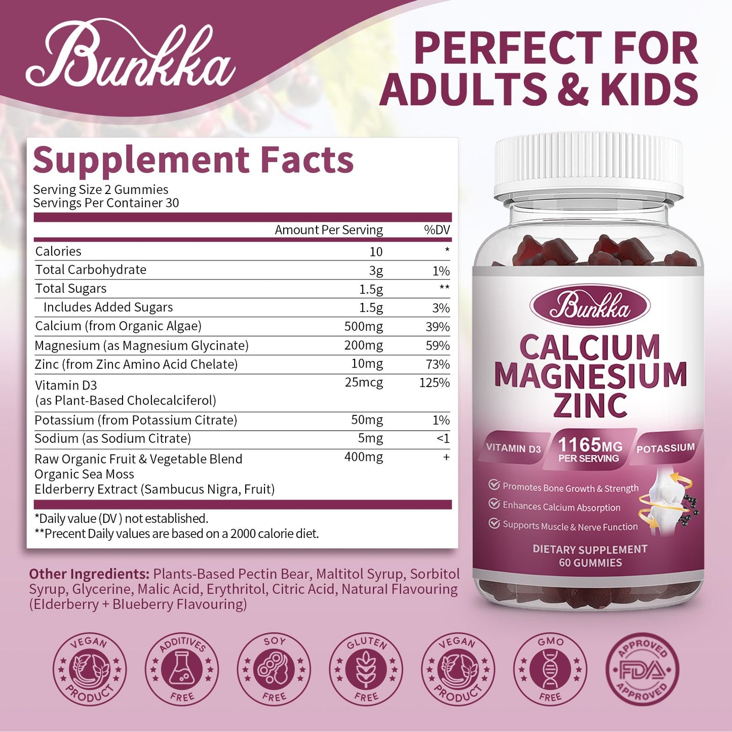 Bunkka Calcium Magnesium Zinc Vitamin D3 Gummies Dietary Supplement