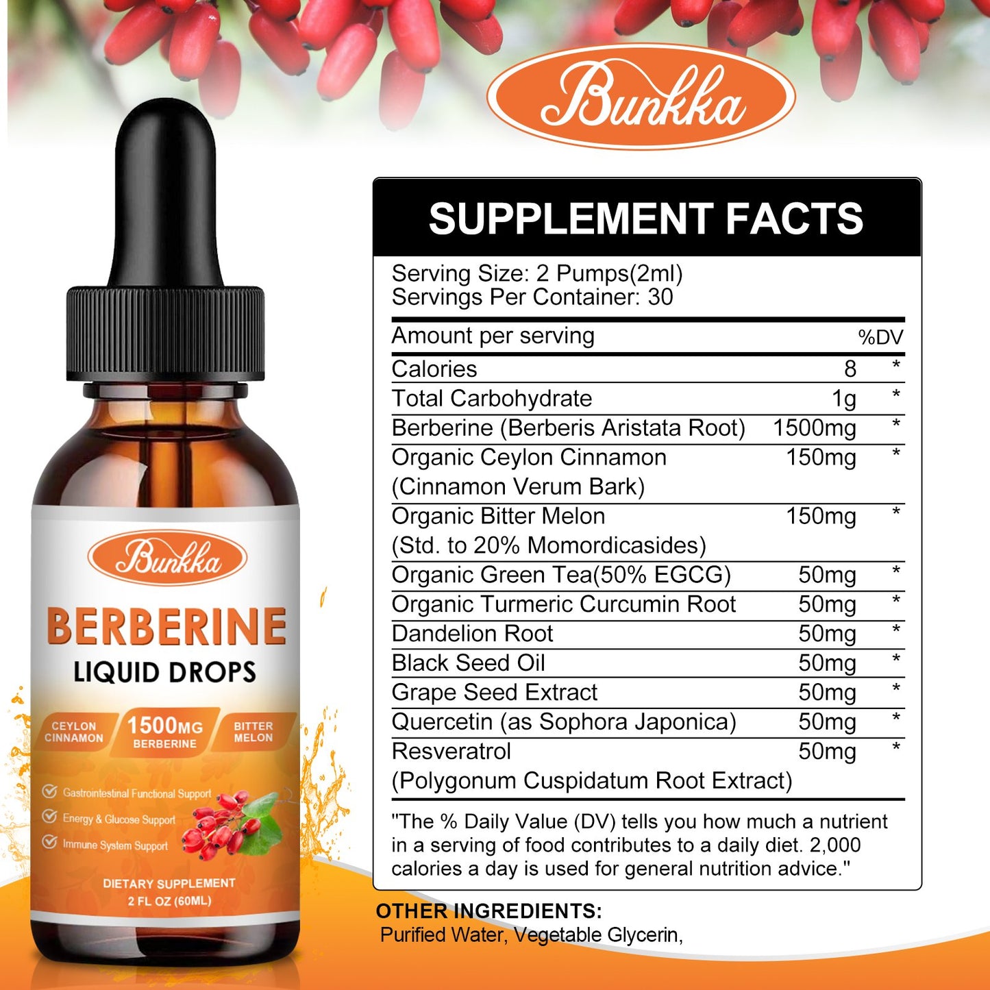 (2 Pack) Berberine Supplement, 1500mg Organic Berberine Liquid Drops with Ceylon Cinnamon, Bitter Melon, Sugar-Free & Vegan Supplement Supports Immune System & Gastrointestinal Care - 4 FL Oz
