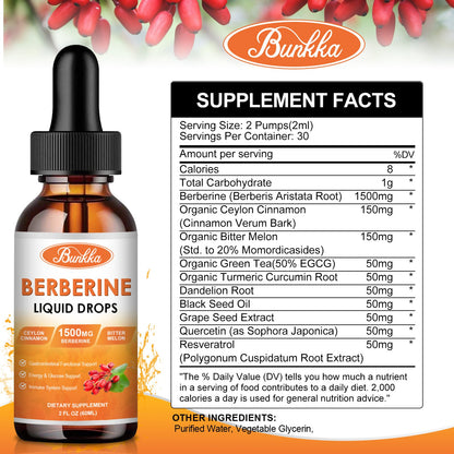 (2 Pack) Berberine Supplement, 1500mg Organic Berberine Liquid Drops with Ceylon Cinnamon, Bitter Melon, Sugar-Free & Vegan Supplement Supports Immune System & Gastrointestinal Care - 4 FL Oz