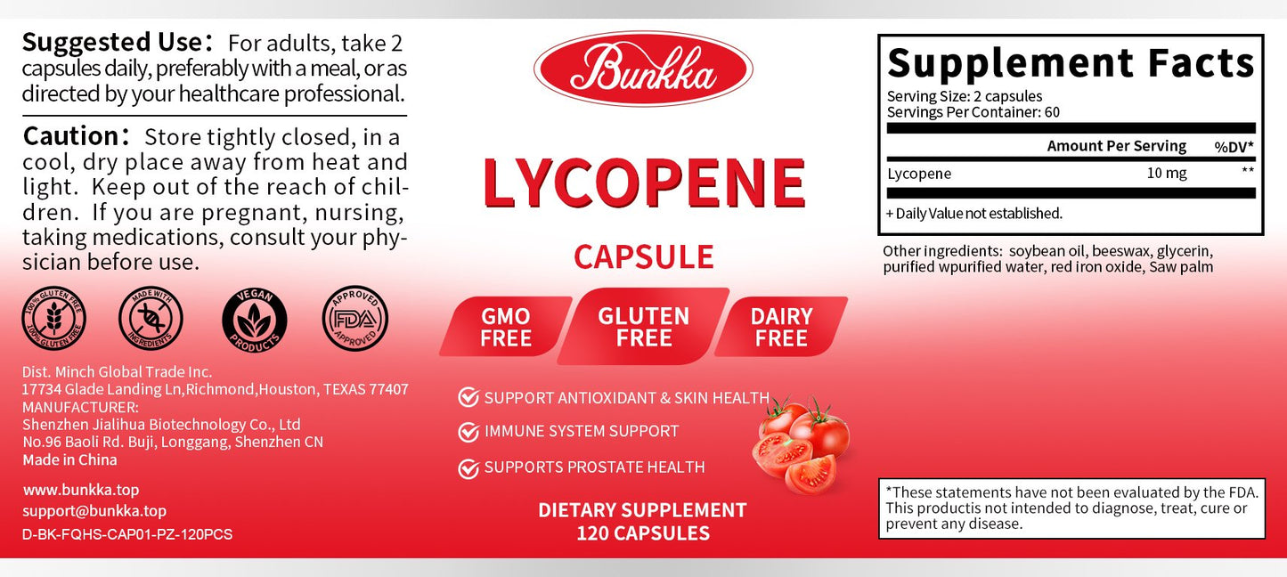 BUNKKA Lycopene 10mg Capsules for Prostate and Heart Health Support Antioxidant Skin Health