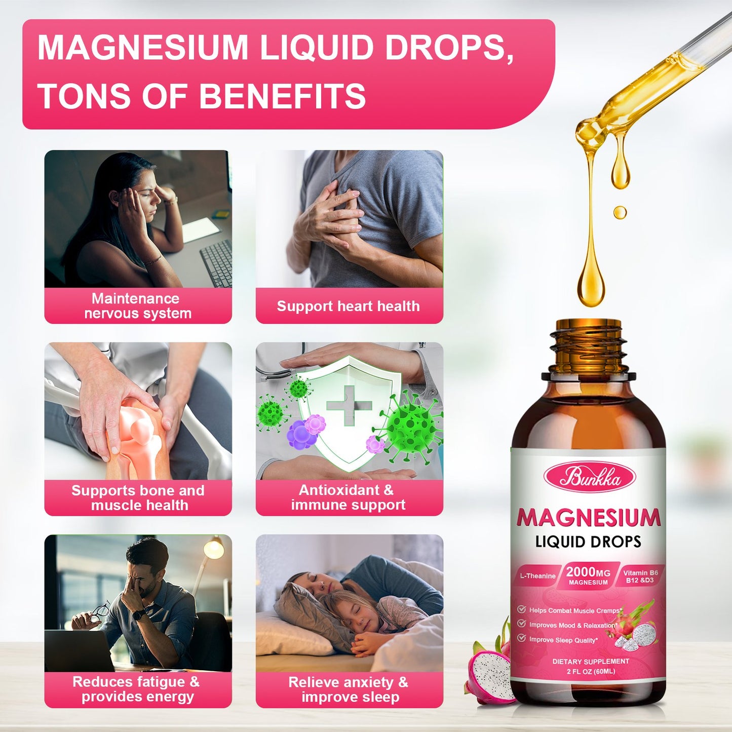 Magnesium Glycinate 500mg Supplement, Magnesium Glycinate Liquid Drops with Magnesium Malate, Taurate, Citrate & Calcium Zinc, Magnesium Complex Supplement -Dragon Fruit Flavor