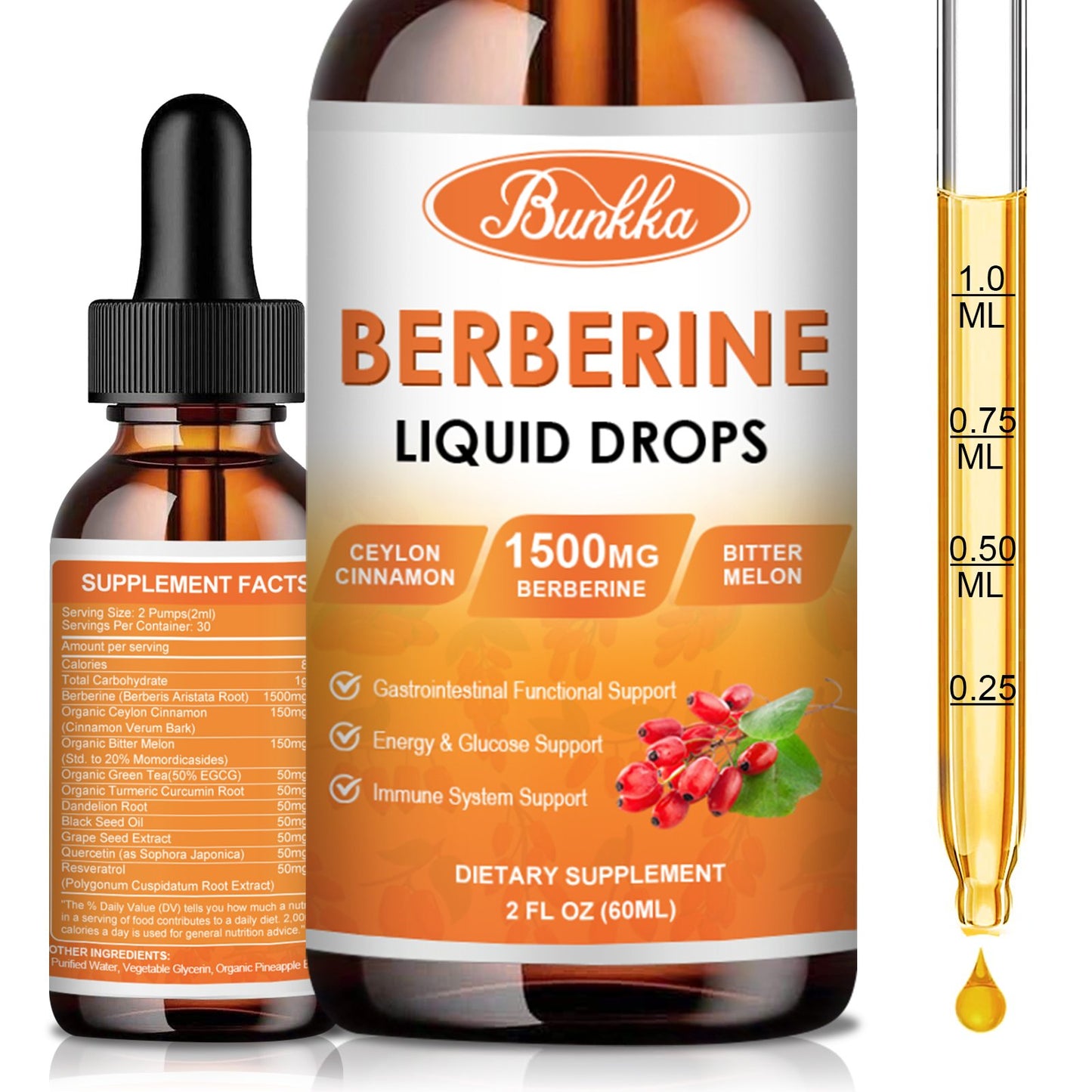 (2 Pack) Berberine Supplement, 1500mg Organic Berberine Liquid Drops with Ceylon Cinnamon, Bitter Melon, Sugar-Free & Vegan Supplement Supports Immune System & Gastrointestinal Care - 4 FL Oz