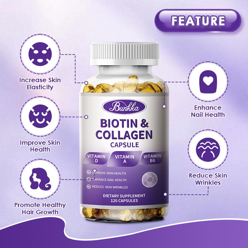 Bunkka Biotin 5,000mcg Capsules Keratin Hyaluronic Acid with Vitamin C、D、B7 Hair Growth Support Skin &amp; Nails Health Supplement