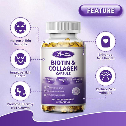 Bunkka Biotin 5,000mcg Capsules Keratin Hyaluronic Acid with Vitamin C、D、B7 Hair Growth Support Skin &amp; Nails Health Supplement