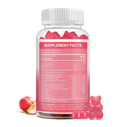 Bunkka  Peach Magnesium Gummies Supplement with Potassium, VitaminD, B6 for Calm, Sleep&Stress Relief-Sugar Free
