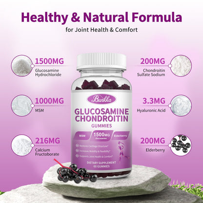 Bunkka 2 Pack Glucosamine Chondroitin Gummies Extra Strength w/MSM,Elderberry,Hyaluronic Acid-Chewable Joint Support Supplement for Women,Men,Adults-Antioxidant Support for Joint Comfort & Mobility