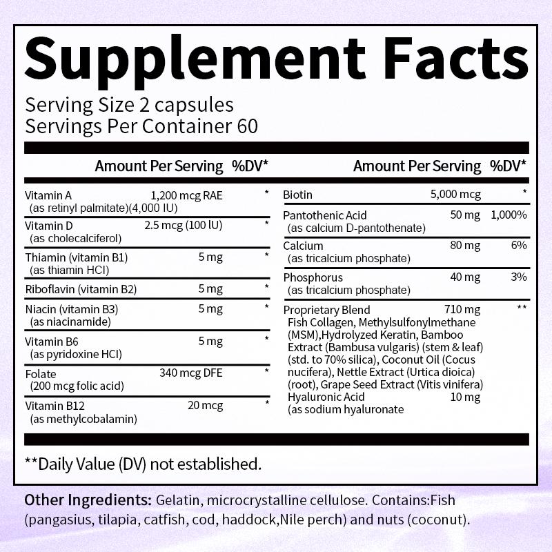 Bunkka Biotin 5,000mcg Capsules Keratin Hyaluronic Acid with Vitamin C、D、B7 Hair Growth Support Skin &amp; Nails Health Supplement