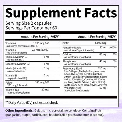Bunkka Biotin 5,000mcg Capsules Keratin Hyaluronic Acid with Vitamin C、D、B7 Hair Growth Support Skin &amp; Nails Health Supplement