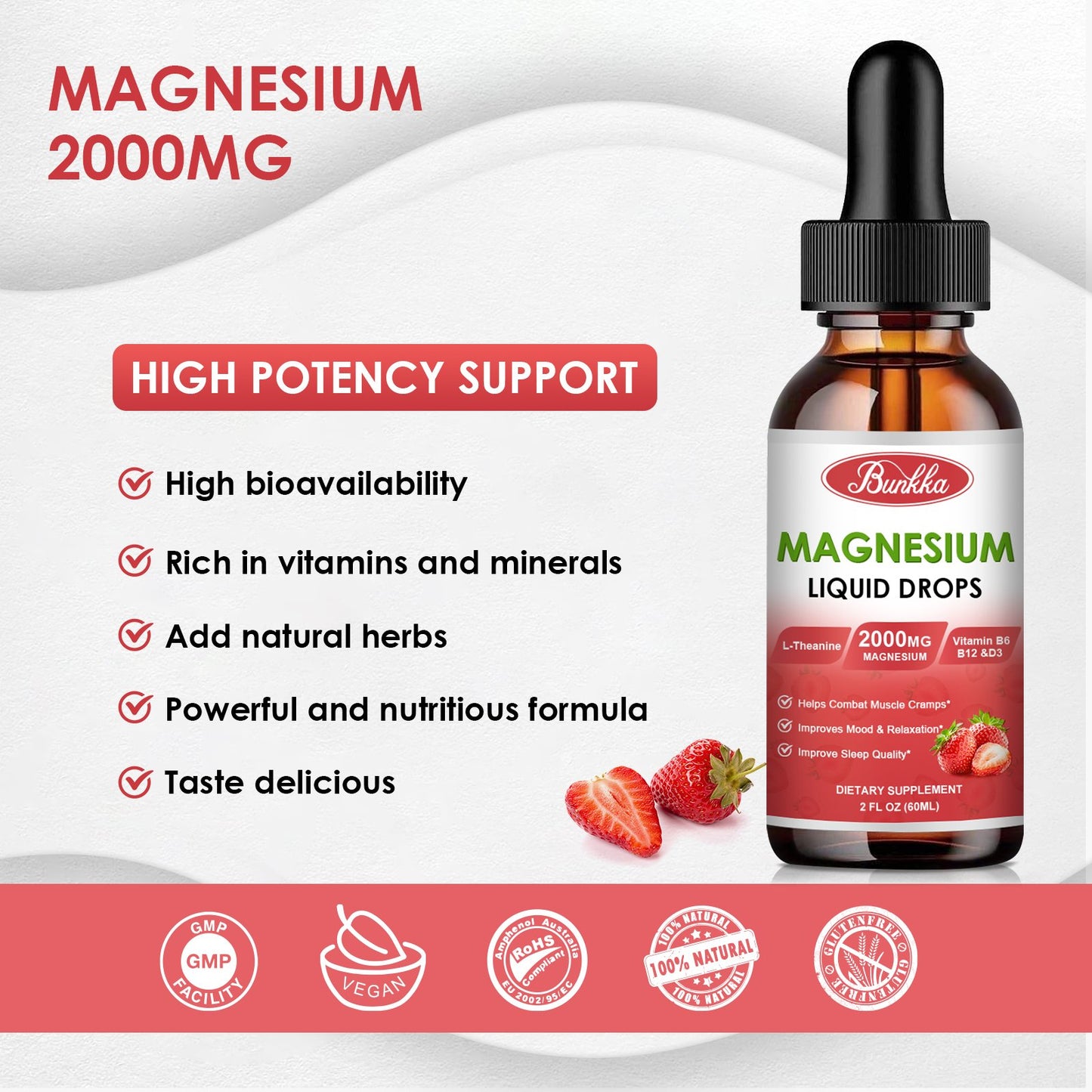 2 Packs Magnesium Glycinate Liquid Drops-Strawberry Flavor