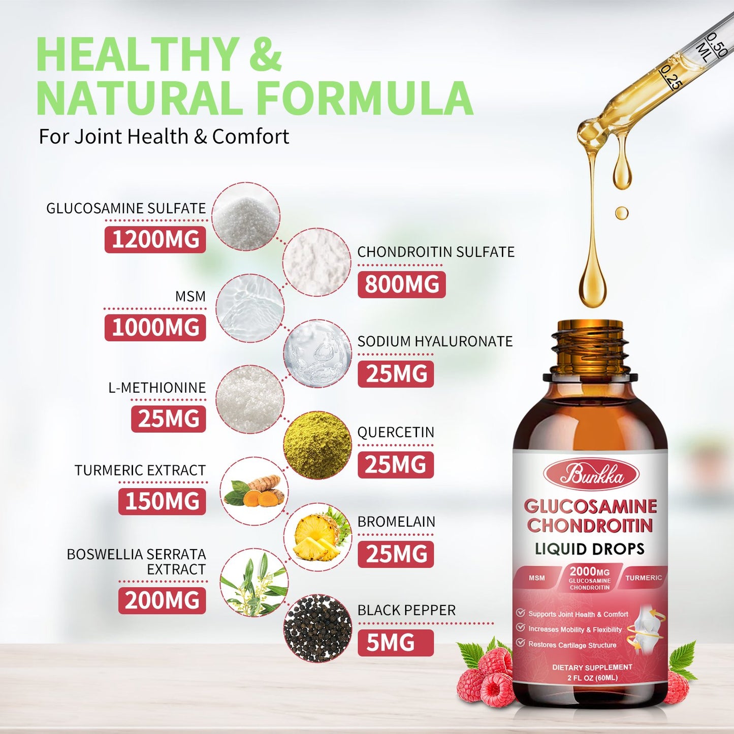 Glucosamine Chondroitin MSM Liquid Drops-w/ Turmeric Boswellia Quercetin Bromelain-Vegan, Antioxidant Support for Back,Knee,Hands-Joint Support Supplement Supports Healthy Joints, Mobility & Cartilage