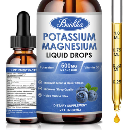 Potassium Magnesium Liquid Drops Supplement  Vitamin D3, Zinc, Sugar Free & Vegan for Leg Cramps