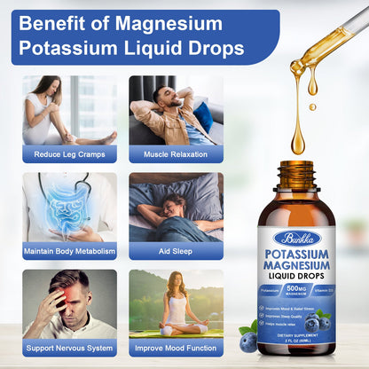 Potassium Magnesium Liquid Drops Supplement  Vitamin D3, Zinc, Sugar Free & Vegan for Leg Cramps