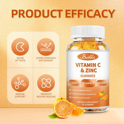 BUNKKA Vitamin C 1000Mg With Zinc Gummies For Cellular Energy Production and Collagen Synthesis Immune Health Promote Metabolism Antioxidant