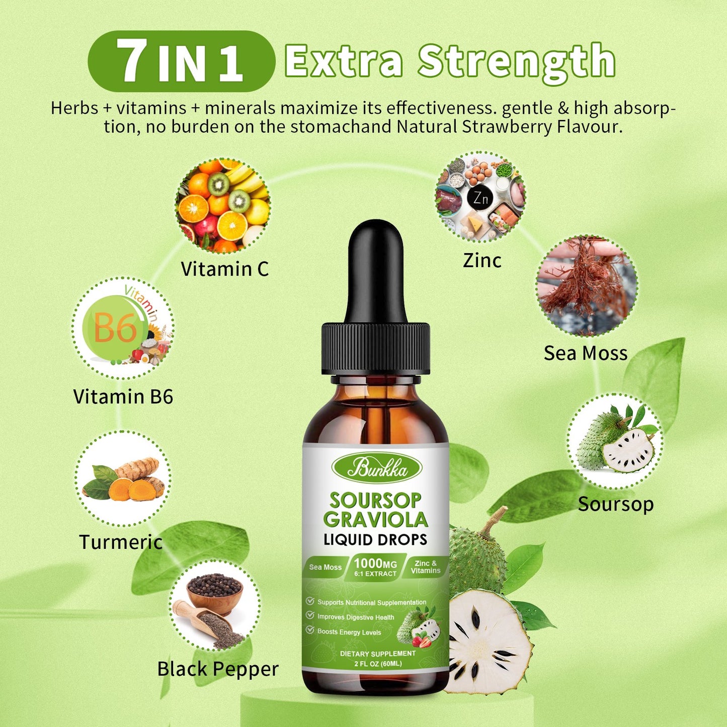 2 Packs Soursop Graviola Leaf Extract Liquid Drops with Sea Moss-Strawberry Flavor