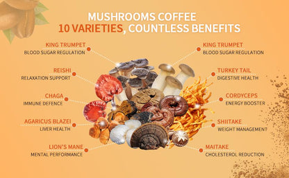 10 Mushrooms Instant Coffee Alternative Packets for Energy, Focus, Immune & Gut Health Support
